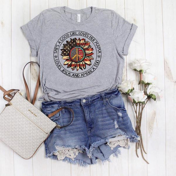 She's A Good Girl, Loves her Mama Sunflower Screen Printed Shirt